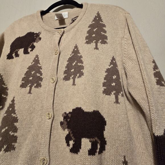 Vintage 90s Christopher Banks Bear Tree Knit Cardigan Sweater Womens LG Cabin - Picture 2 of 11